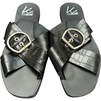 K Cobler Italian Black Leather / Silver Buckle Flat Sandals Size 39 / 8.5