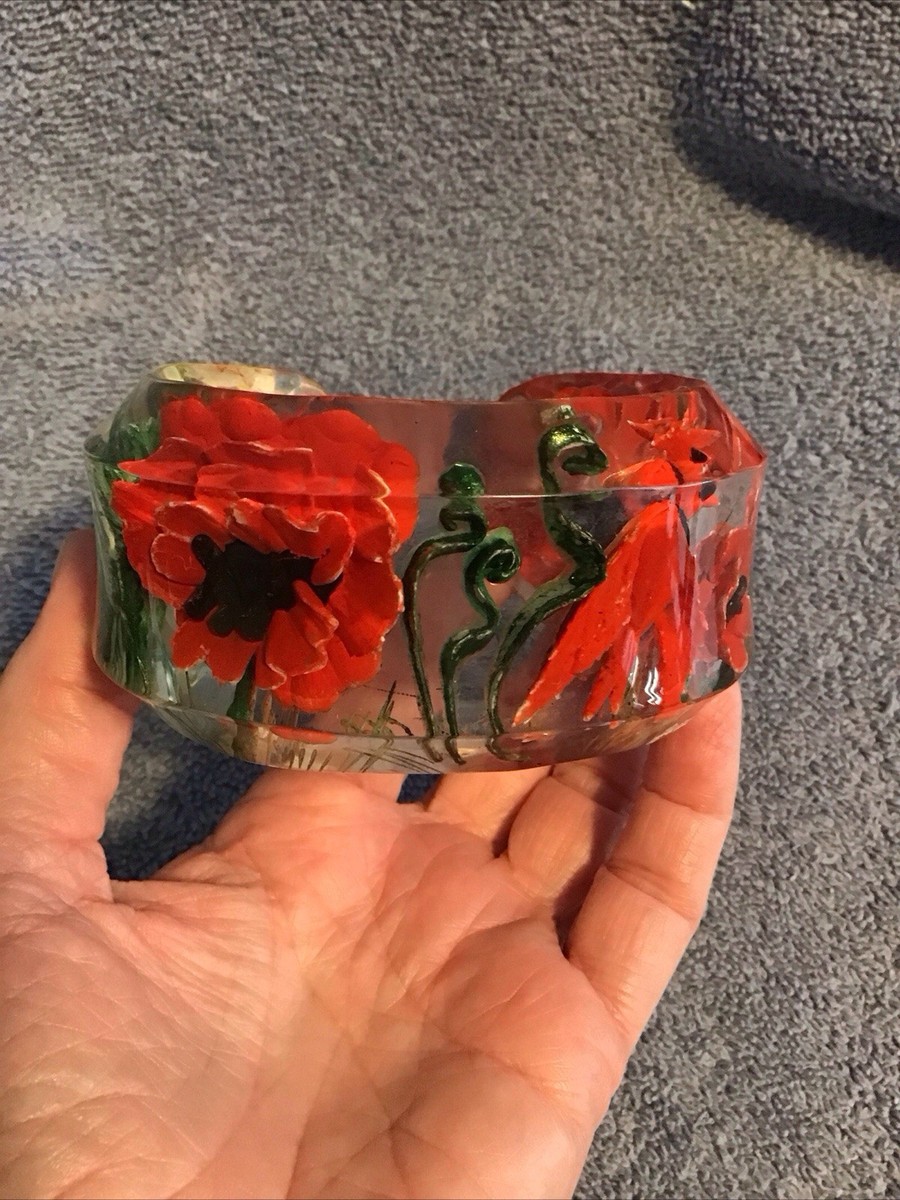 Vtg Joyce Francis Lucite Bracelet Reverse Carved Floral  Statement Clear Red ART