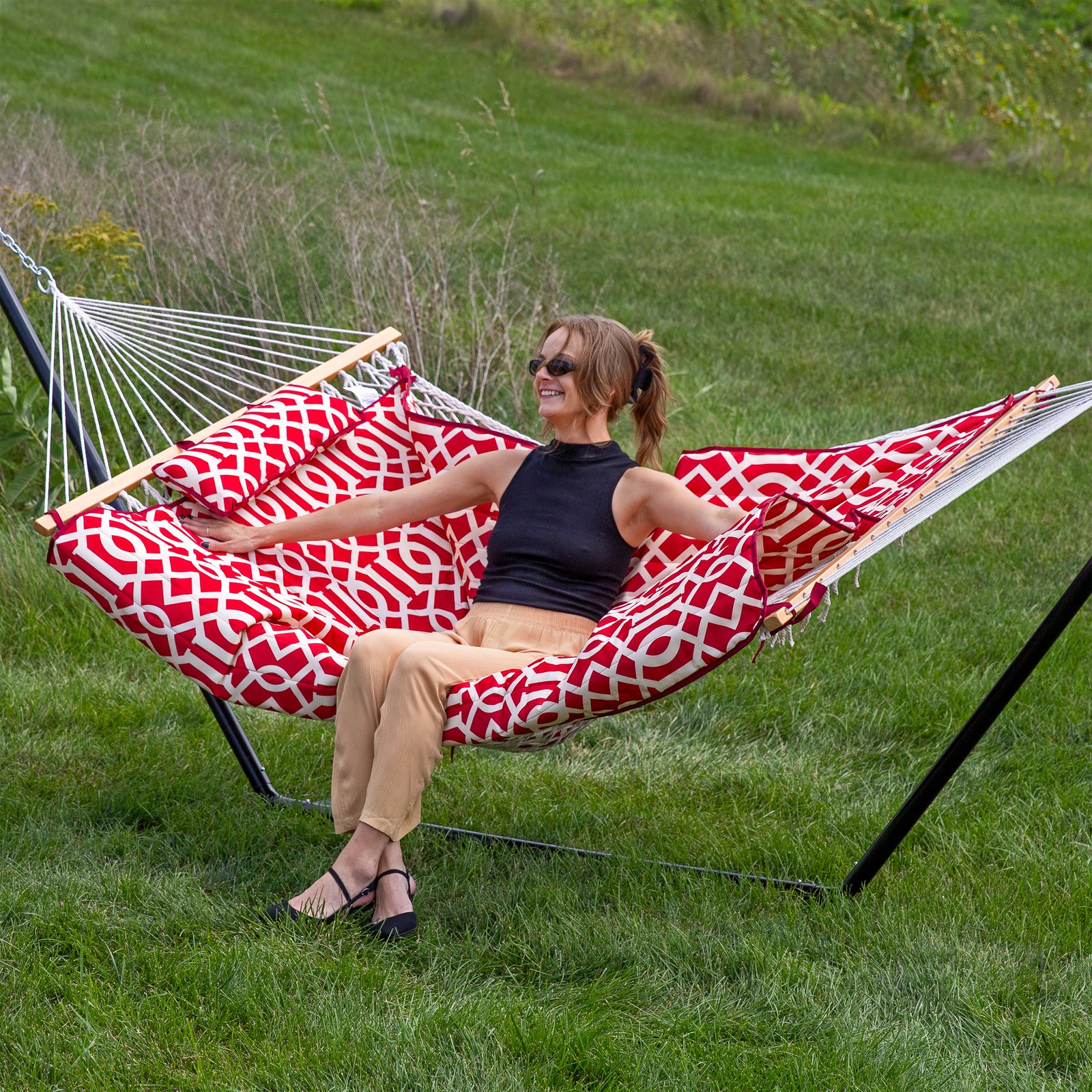 2-Person Rope Hammock with Steel Stand and Pad/Pillow - Royal Red by Sunnydaze