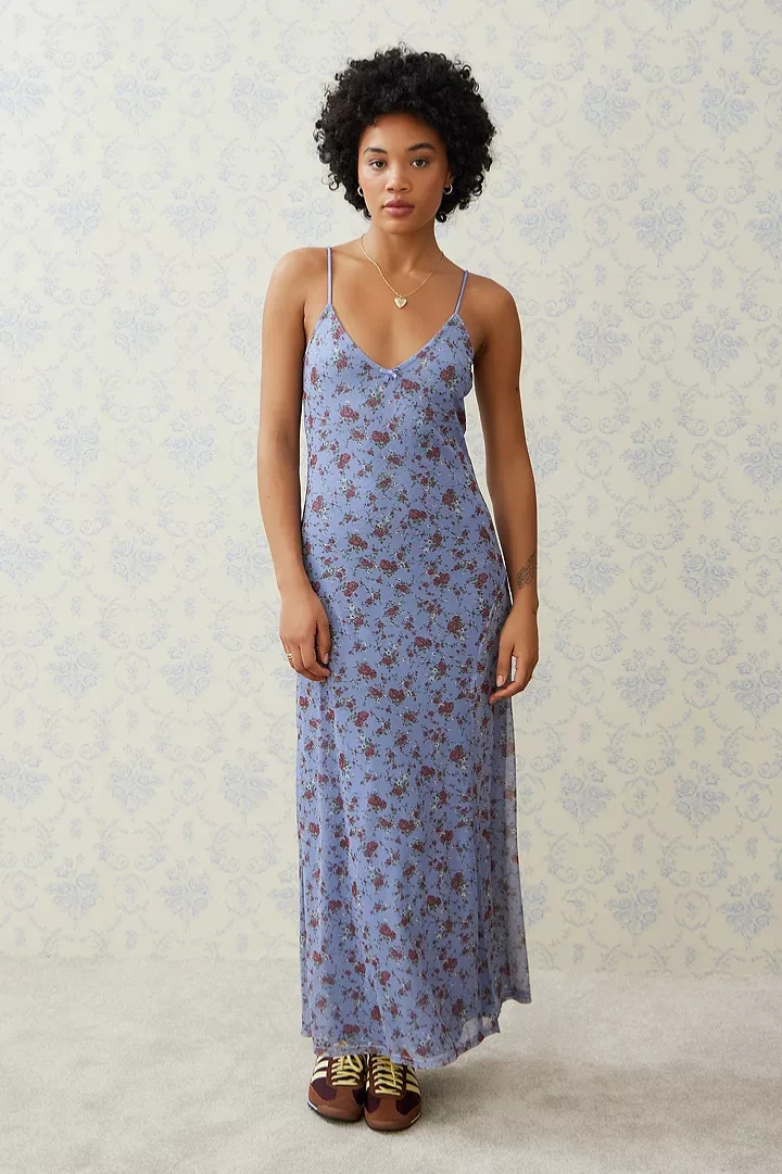 uo floral mesh maxi dress Urban Outfitters UO Samara Mesh Strapless Midi Dress