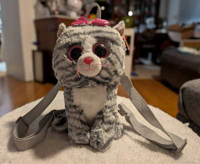 Ty Gear Collection Kiki Cat Mini Plush Backpack Striped Gray White Pink Bow Zip