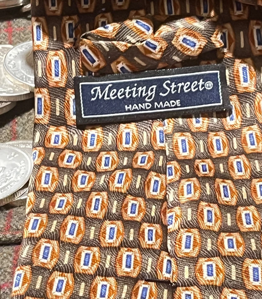 MEETING STREET 100% SILK TIE GOLD, BLUE, SILVER GEOMETRIC 59”X 4" HAND MADE - Image 3 of 4