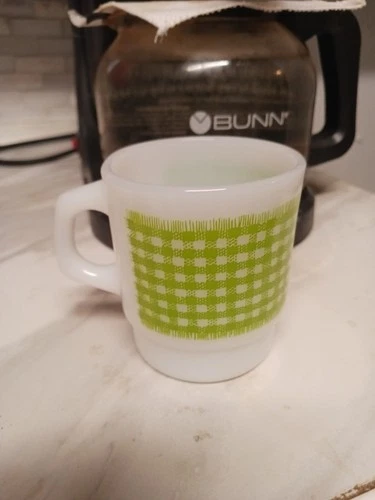 Vtg Fire King Anchor Hocking Green Gingham Stacking Milk Glass Mug Coffee Cup