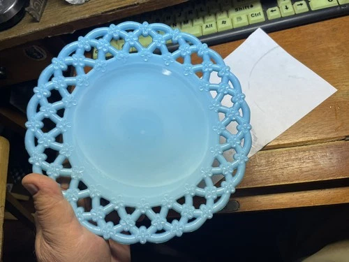 VTG Westmreland Forgot Me Not Blue Milk Glass Plate Lattice Edge Plate 8.5” 2#