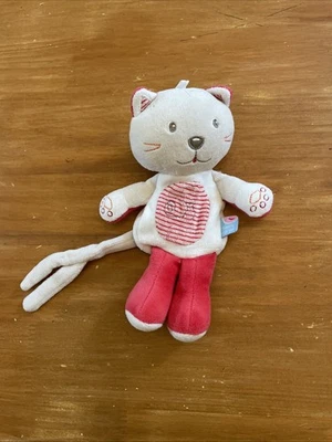 O/ Doudou Peluche attache tétine chat rouge beige blanc SUCRE D'ORGE Rayé - Photo 1/3