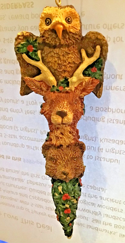 OWLS! Vintage Sportsman Owl Deer Bear Totem Christmas Ornament 6" tall perfect