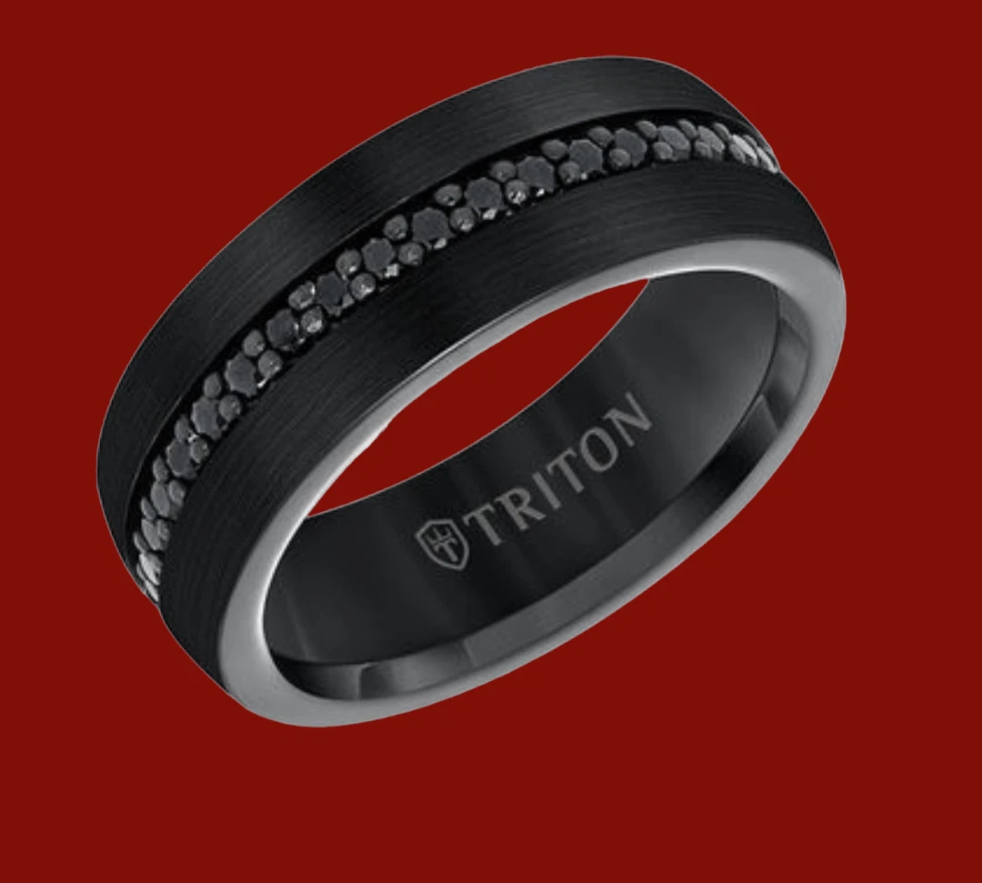 Macys Triton Tungsten Carbide Black Sapphire Men s Wedding Band Ring NWT 1 375