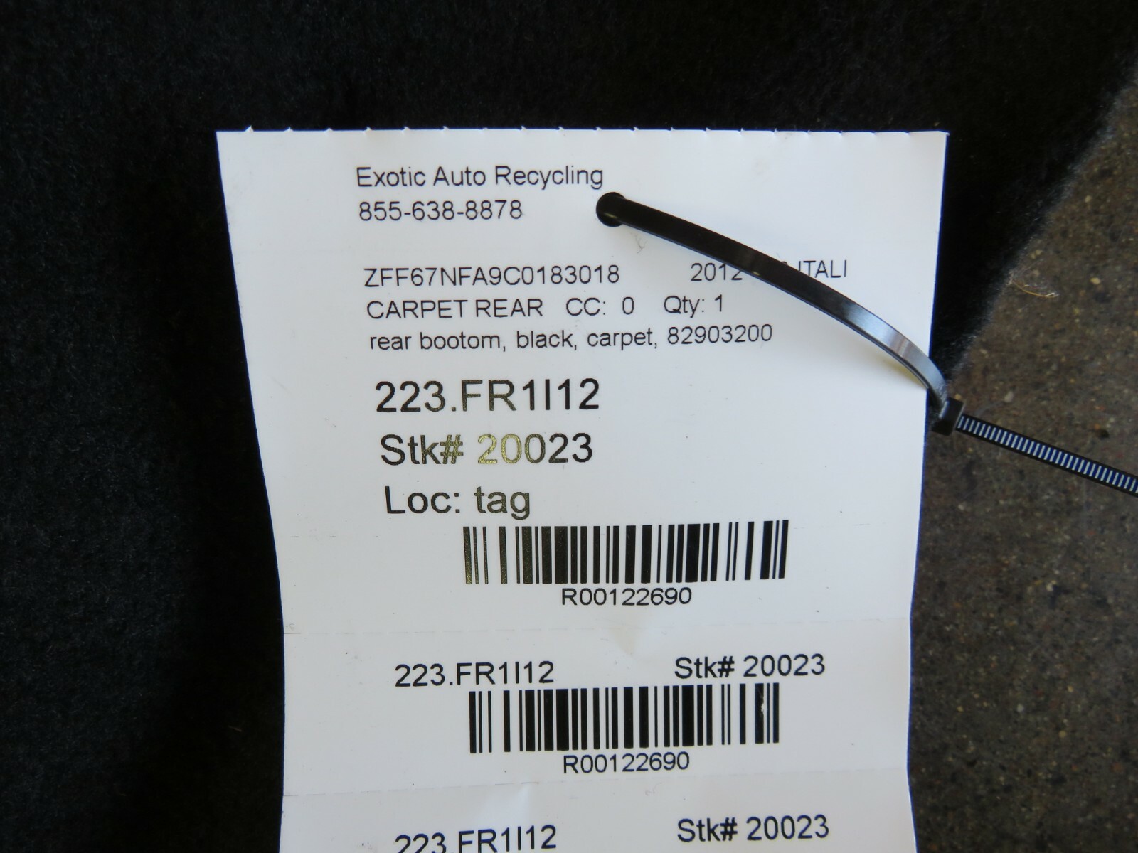 Ferrari 458 Italia, Rear Bottom Carpet Panel, Black, Used, P/N 82903200