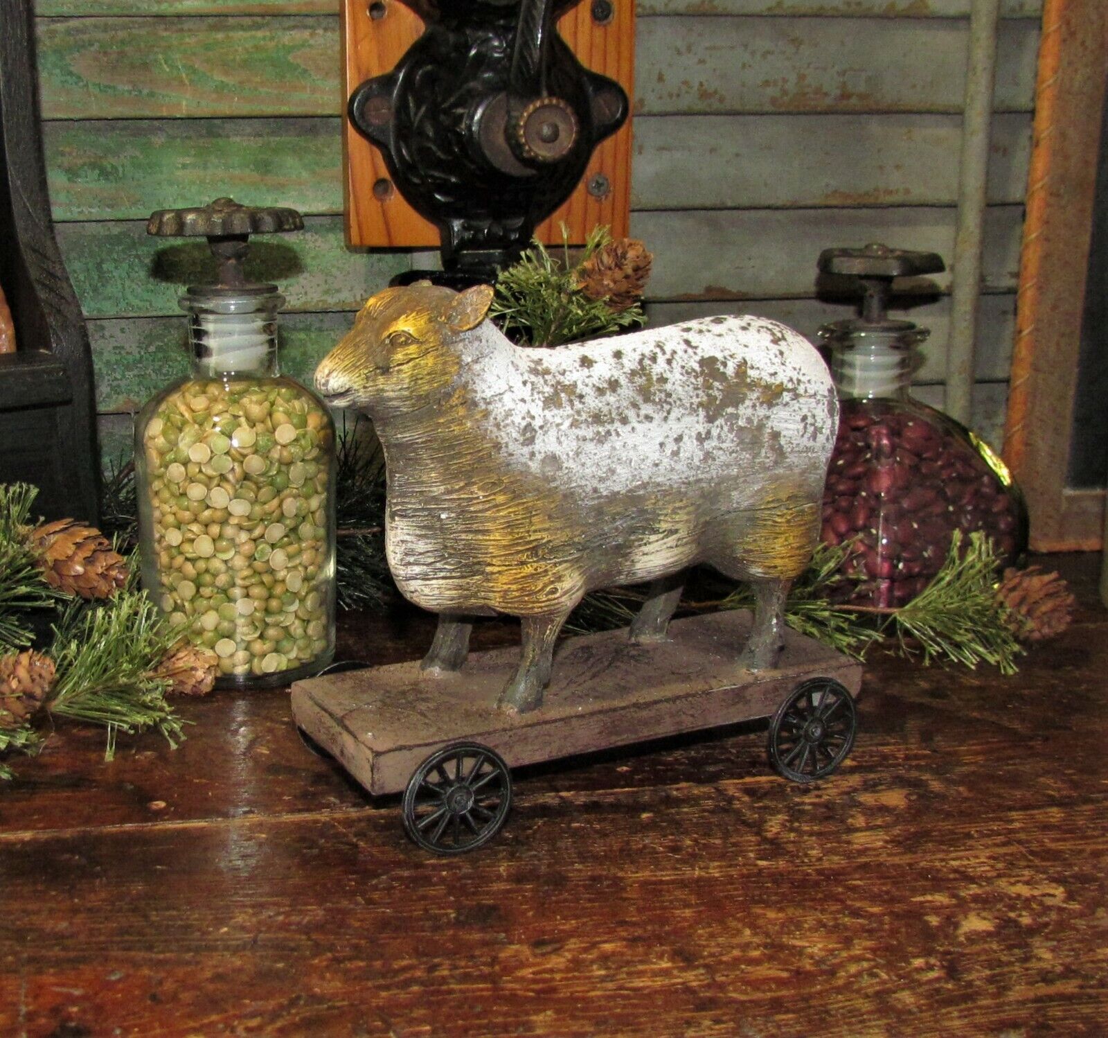 Primitive Antique Vtg Pull Toy Style Country Farm SHEEP Lamb WHEELS Shelf Sitter