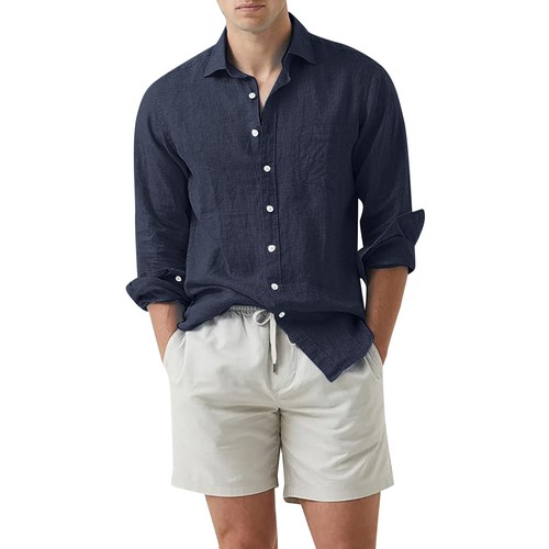 Hot Cotton and Linen Collar Solid Color Long Sleeved Men's Shirt - Picture 4 of 27