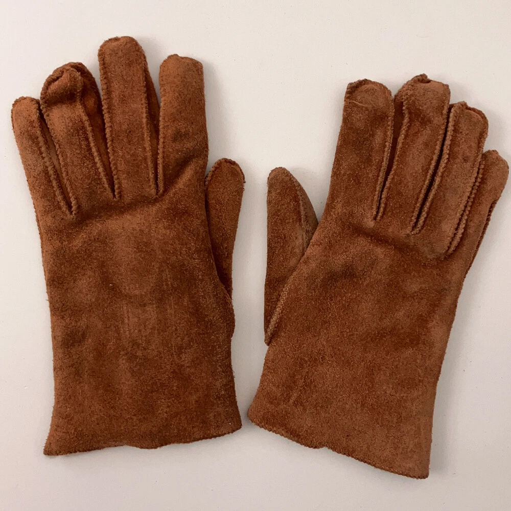 Retro Sueded Leather Brown Winter Gloves Lined Women Medium Made Korea