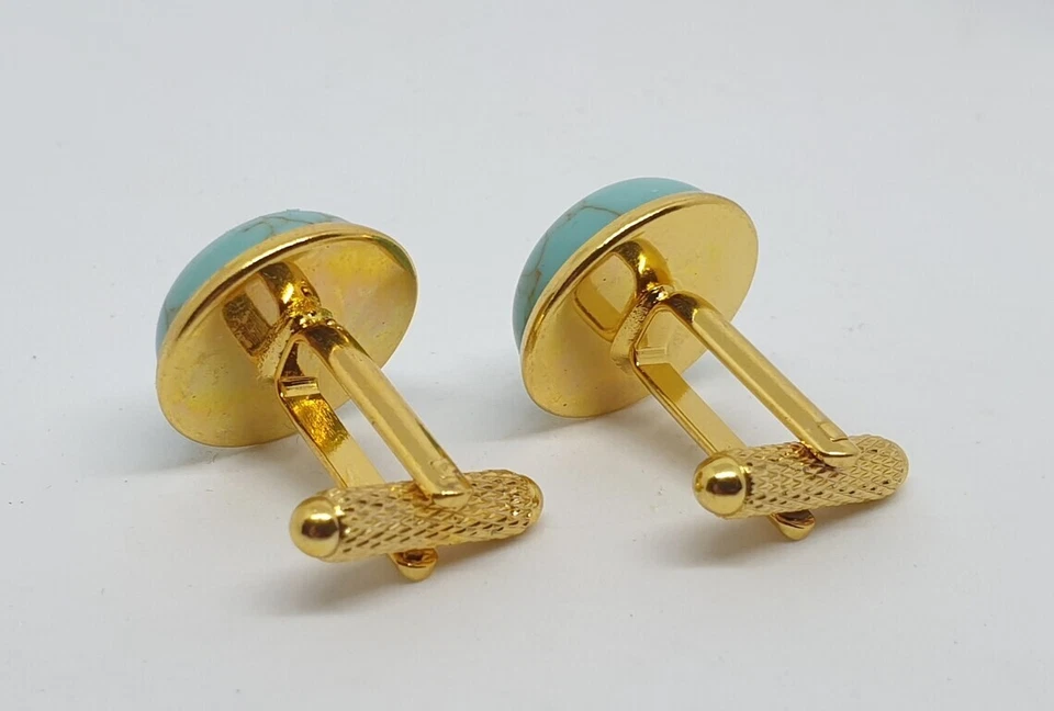 Gemelos para hombre enchapados en oro con piedras preciosas azul turquesa de plata de ley 925 Foto 4 de 4