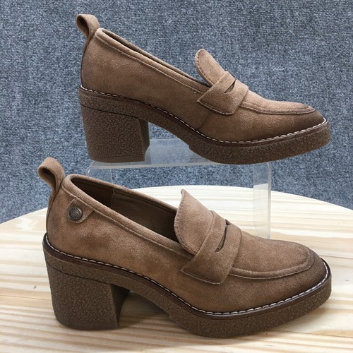 Refresh Shoes Womens 37 Penny Loafer Pumps Beige Block Heels Casual Moc Toe