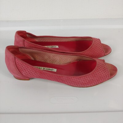 Manolo Blahnik Anetina Perforated Ballerina Flat Pink Sz 38.5 Us 7.5