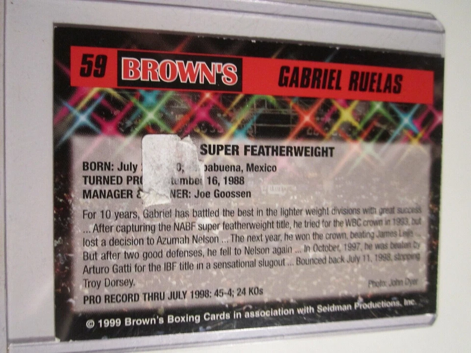 1999 GABRIEL RUELAS BOXING CARD #59 BROWN'S BOXING CARD AUTOGRAPHED BBA17A -C - Image 2 of 2