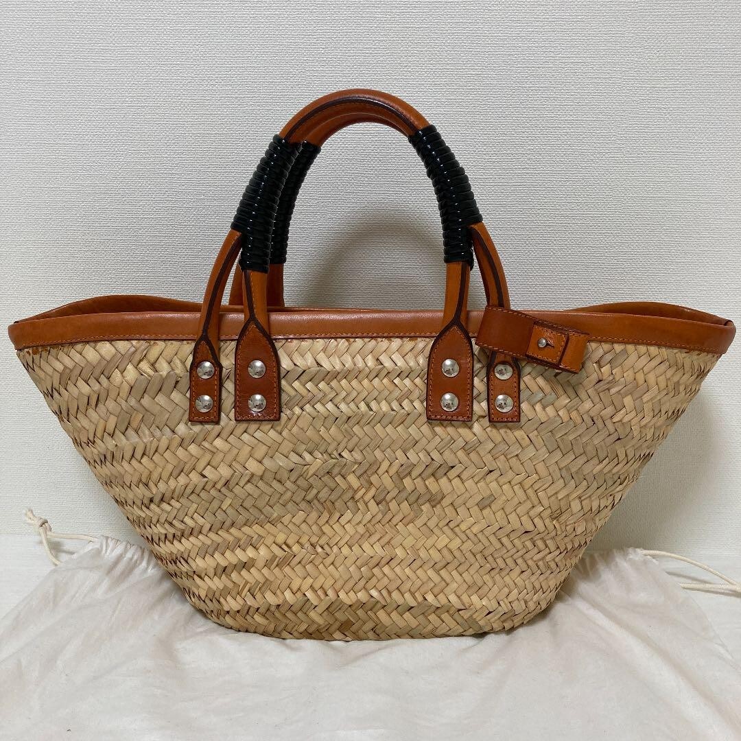 BALENCIAGA Panier Bistro Basket Bag Leather Raffia Brown x BALENCIAGA Panier Bistro Basket Bag Leather Raffia Brown x