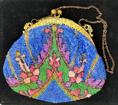 ANTIQUE EARLY 1900s VICTORIAN MICRO BEADED PURSE HAND BAG UNUSUAL BLUE ...