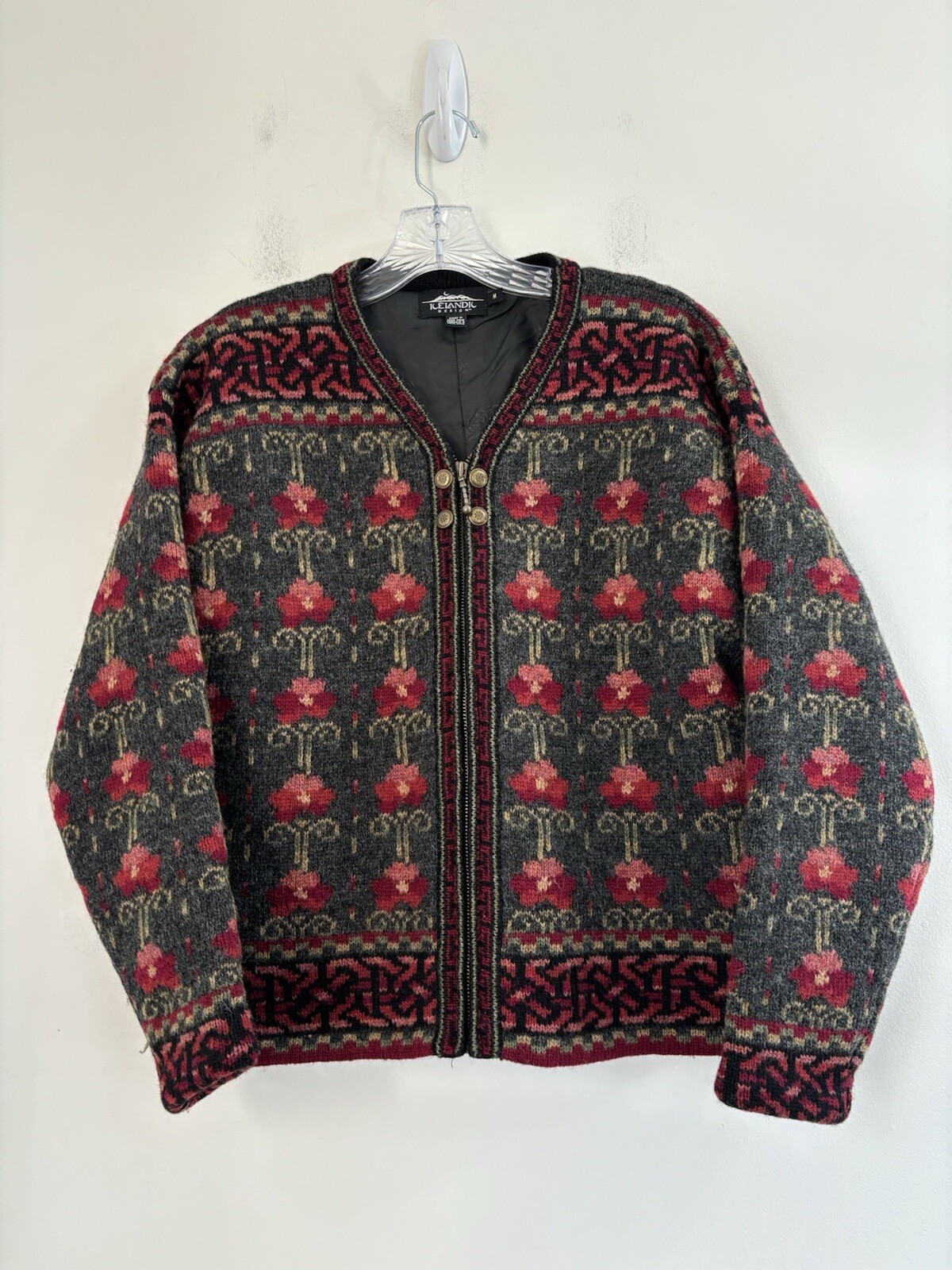 Icelandic Wool Cardigan Nordic Fair Isle Knit Women’s Medium Size Lined