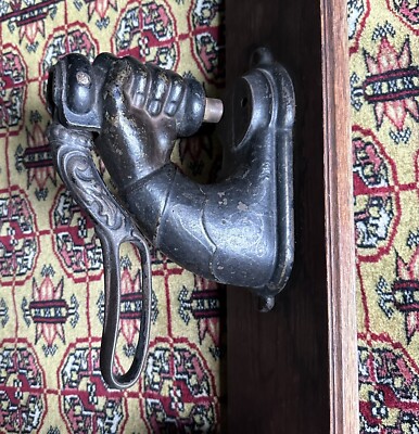 Large Figural Arm Hand Cast Iron Hand Press Seal Mounted On Wood
