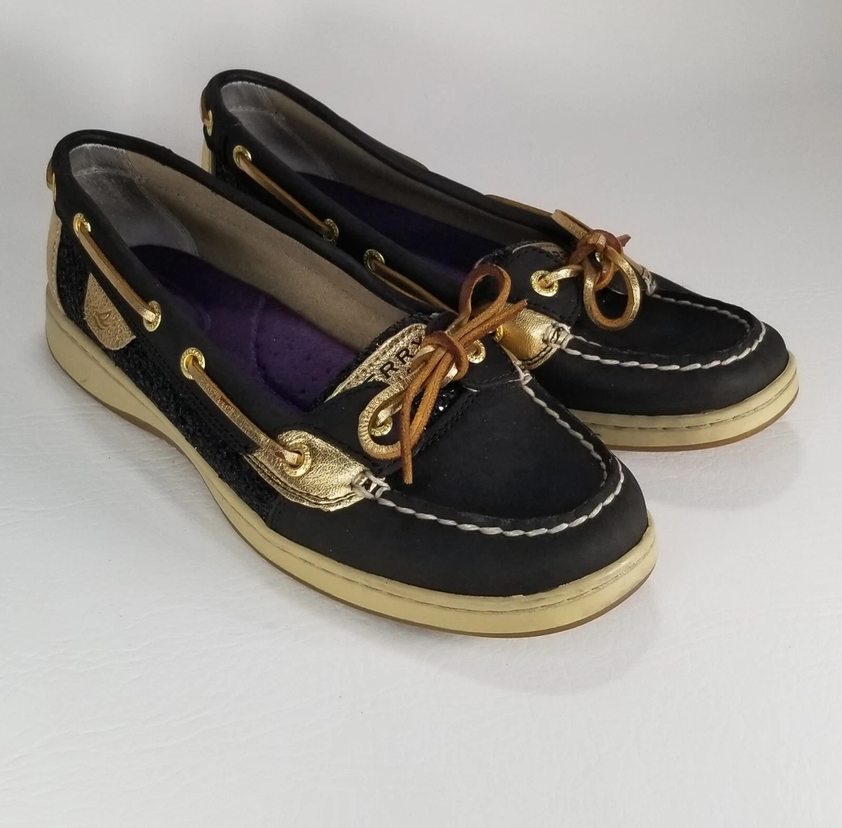 Sperry Top Sider Black Gold Leather Lace Up Loaf Boat Shoe Women s Size 7.5 M