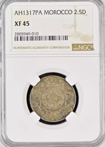1317 PA (1899) Morocco 2 1/2 Dirhams .835 Silver NGC XF EF 2.5D Extra Fine Toned