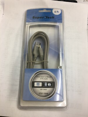 SuperTech ST01-1048: USB A Male to Mini (B), 5 Pin Male - 6ft