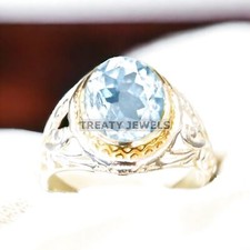 Aquamarine Oval Cut Gemstone With 14K Solid White Gold Ring For Men's A176