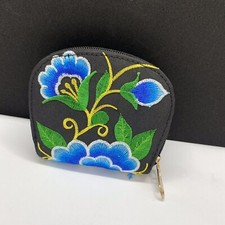 Small Mexican Embroidered Floral Blue Black Coin Wallet Wristlet