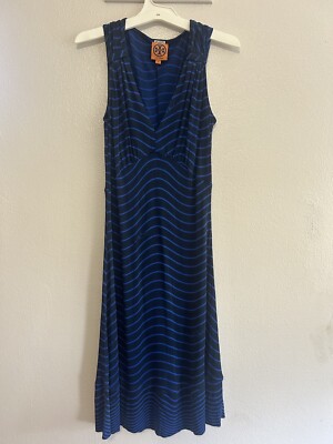 Tory Burch Sleeveless Blue Striped Silk Dress Size XS  Stretchy V Neck Logo