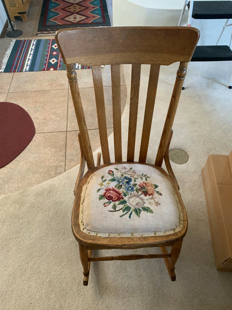 Small Vintage Oak Upholstered Bottom Sewing Nursing Rocking Chair