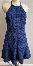 NWT BCBG Maxazria BASANTI Blue Rosette Lace Halter Dress Sz 12 Evening Cocktail