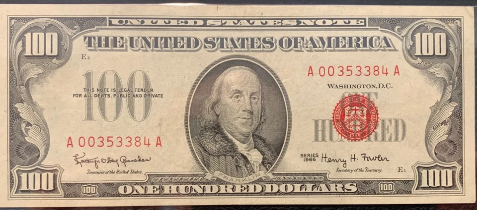 1966 $100 Legal Tender Note Red Seal PMG 50 AU Fr#1550 - Image 3 of 4