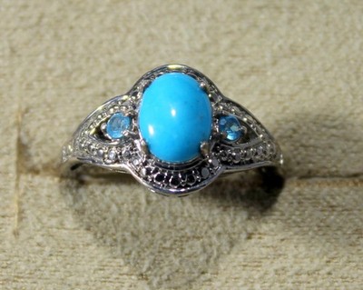 AZ SLEEPING BEAUTY TURQUOISE-MALGACHE NEON APATITE-HALO- SZ 7 RING-PLAT/STER SIL