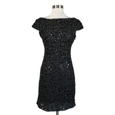 Adrianna Papell Women's Cocktail Dress Size 10P Black Sequin Short Sleeve Sheath