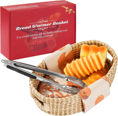 Bread Warmer Basket with Stone - Terracotta Bowl Keeps Bread Warm & Moist, Inclu