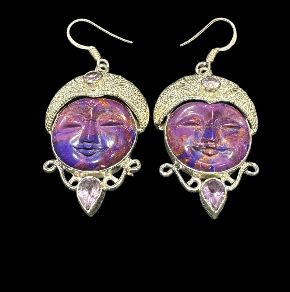 Silver Plate Bali Ethnic Gemstone Carved Face Earrings Amethyst Dangle Hook - Image 4 of 4