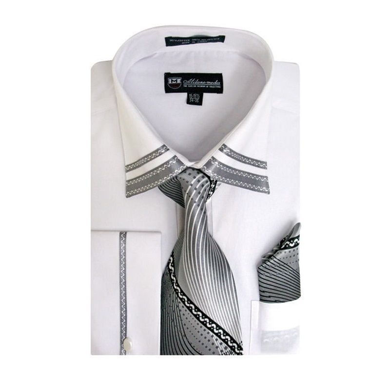 Viviz Forancci Men's Long Sleeve Dress Shirt Set - Pointed Collar With Matching Tie & Handkerchief, Ashgray