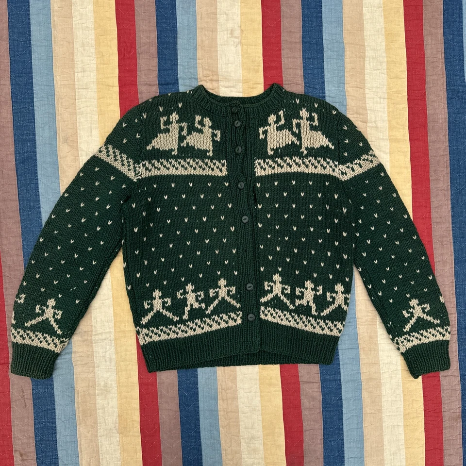 Vintage 1930s Green & White Wool Knit Sweater Cardigan Dancing People Figural - Image 2 of 4