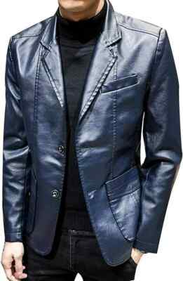Men's Leather Blazer 100% Pure Blue Lambskin Slim Fit Custom Made Coat Blazer