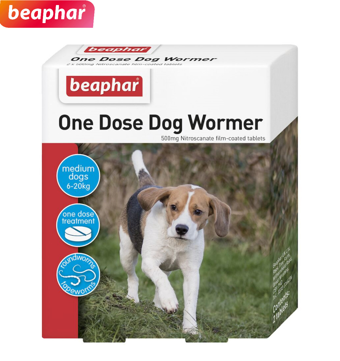 BEAPHAR ONE DOSE WORMER DOG TREATMENT WORMING TABLETS MEDIUM DOGS 6-20KG 2 TABS