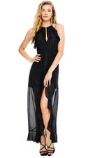 ASTR THE LABEL Arielle Ruffled Black Shimmer Slit Front Maxi Dress S NWT