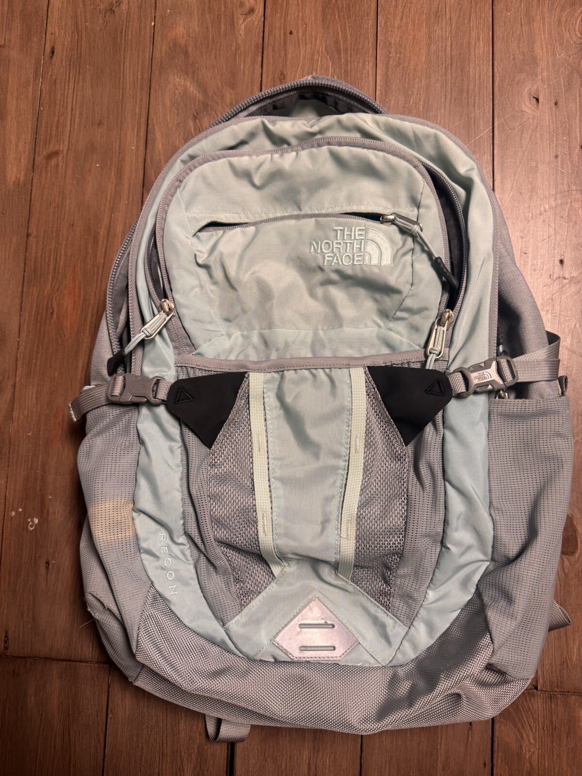 North Face Recon Backpack Gray Arctic Blue 4-Pocket Hiking School Bag  