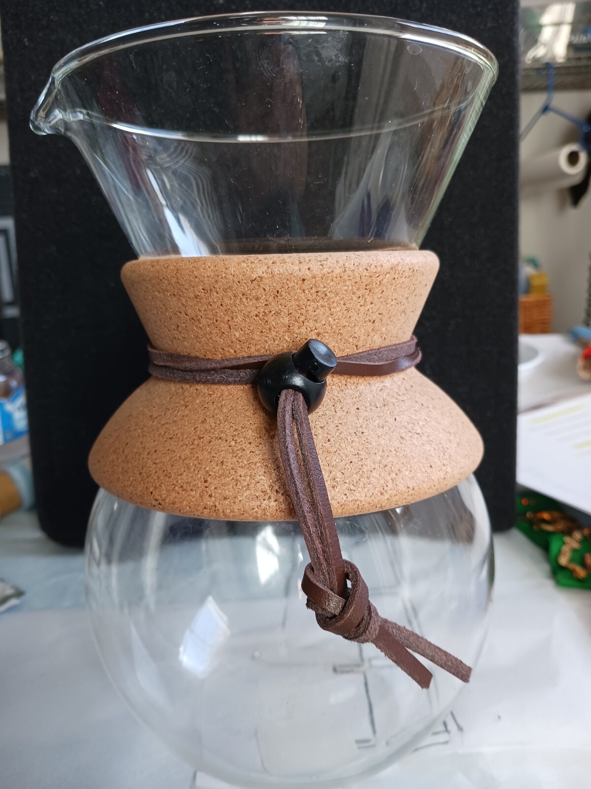 Mubod Coffee Carafe Pour Over 6 cups Leather Cord and cork collar 