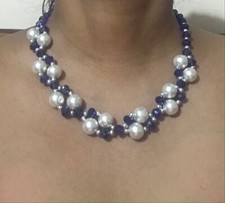 Beautiful Two Rows Cultured white,blue  silver handmade Pearl Necklace