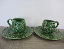 Pierre Deux Holly Berry Basket Weave Tea Cup and Saucer Pair Christmas Winter