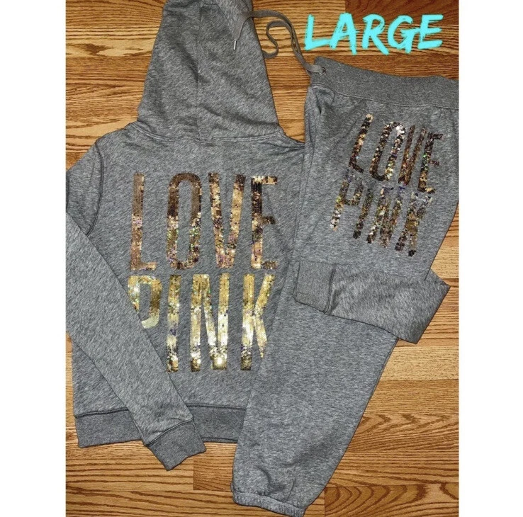 VTG 2013 Victoria Secret Pink Bling Ombre Sequin Joggers Sweatpants Hoodie Set L