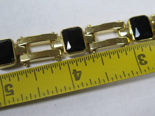 Vintage Gold Tone Black Stone Link Bracelet 6.5" - Costume Jewelry - Picture 3 of 9