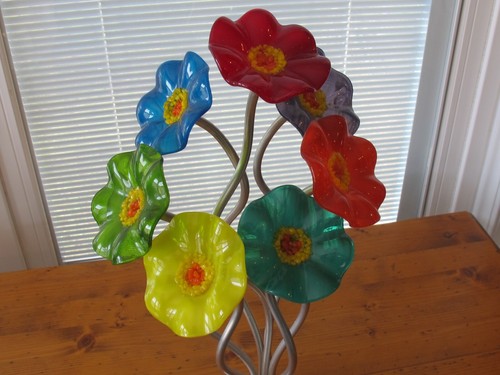 Artisan 7 Glass Colorful Flower Sculpture Bouquet w/ Metal Base 16" Tall - Picture 2 of 6