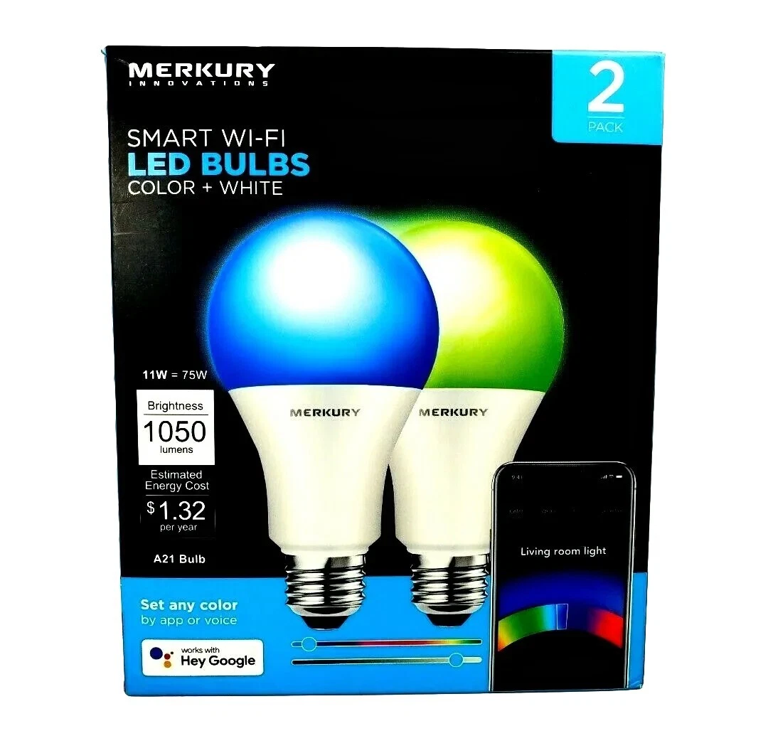 MERKURY Innovations A21 Smart Light Bulb 75W Color LED 2 Pack
