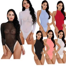 Women Sheer Mesh High Cut Thong Bodysuit Leotard Shirt Blouse Top T-Shirt Romper